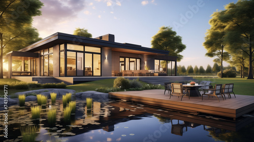 3d rendering of modern cozy clinker house on the ponds with garage and pool for sale or rent with beautiful landscaping on background. Clear sunny summer evening with blue sky