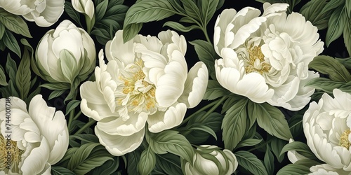 White colors peonies flowers with deep green leaves botanical pattern in vintage draw paint style. Decorative romantic scene