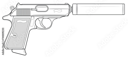 Vector illustration of the automatic pistol with silencer on a white background. Right side.