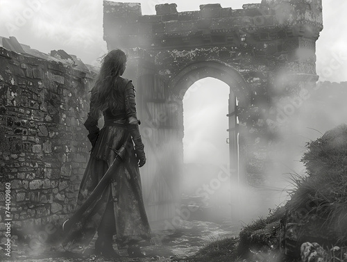 Kobieta przy bramie we mgle. Czasy rycerskie, średniowieczne. 