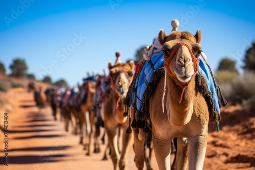 Hiking journey. tourists set off on foot or on camels, exploring majestic scenery.