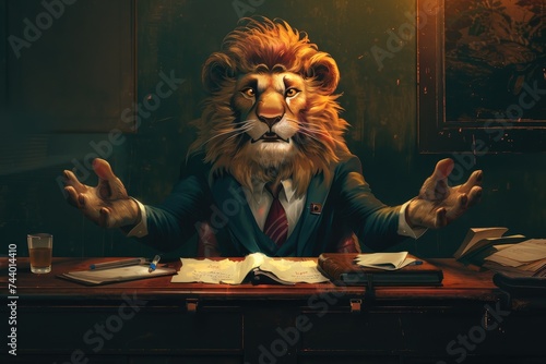  anthropomorphic lion engaged in a debate or discussion, satirizing human communication styles.
