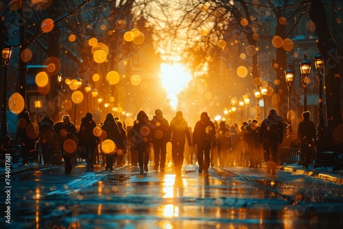 Under the warm amber glow of the city lights, a group of people make their way down the sidewalk, their reflections dancing in the shimmering water puddles as they pass by a majestic tree
