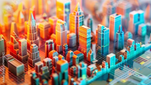 digital and virtual cityscape in 3d, Future city technology concept, high tech business background, big data, artificial intelligence, miniature model world, 