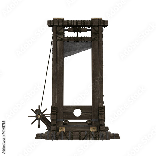 Medieval guillotine with wooden frame, an ancient execution machine for capital punishment. Isolated 3D render.