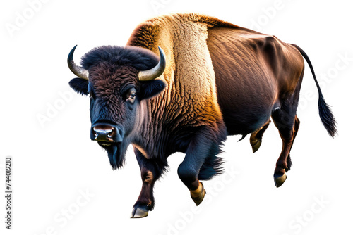 a high quality stock photograph of a single happy bison isolated on a white background