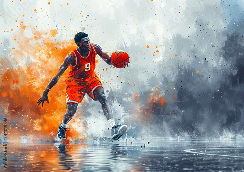 A basketball player in mid-dribble, dynamically captured in watercolor splashes of orange and gray, conveying energy and motion on a reflective court surface.Sport concept.AI generated.