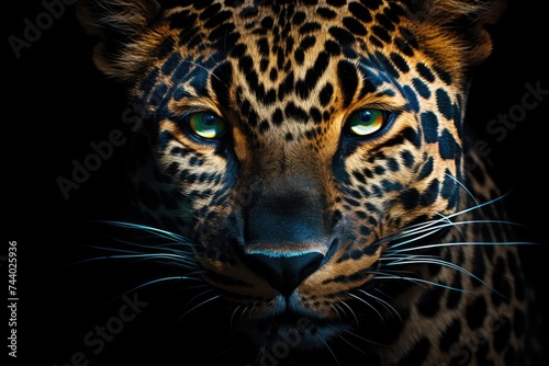 A detailed close-up of a leopard's face. Suitable for wildlife and animal themes