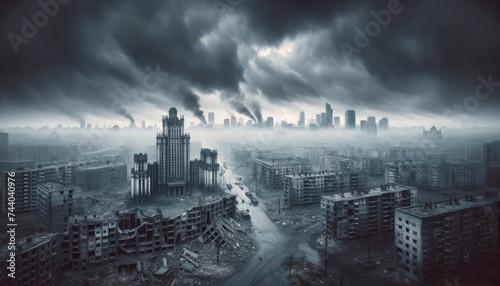 A city skyline devastated by war, with smoky ruins of buildings, empty streets, and a gloomy overcast sky. AI Generated