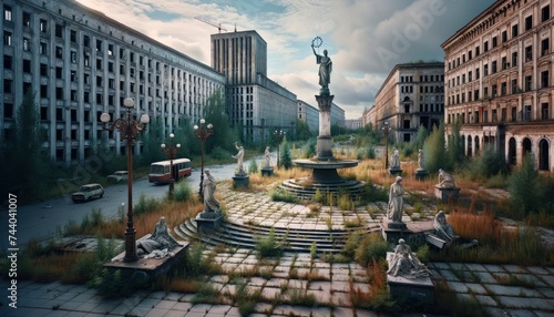 A once bustling city square, now abandoned with remnants of statues, fallen lampposts, and overgrown vegetation. AI Generated