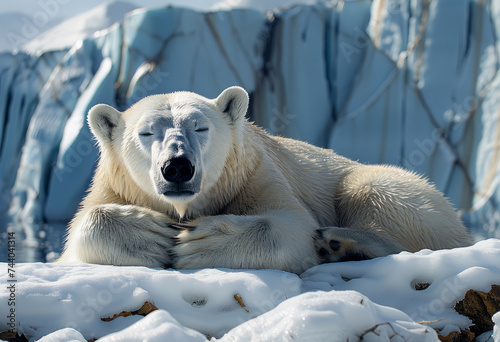 Polar bear lying on the snow in front of glacier