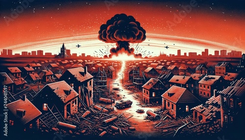 An illustration showing a devastated town with an intense explosion casting an orange-red glow. AI Generated