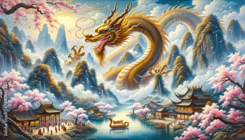 A traditional Chinese painting depicting a golden dragon weaving through a serene landscape with mist-covered mountains and villagers celebrating below. AI Generated