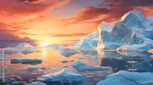 the sunset is over a group of icebergs and glaciers