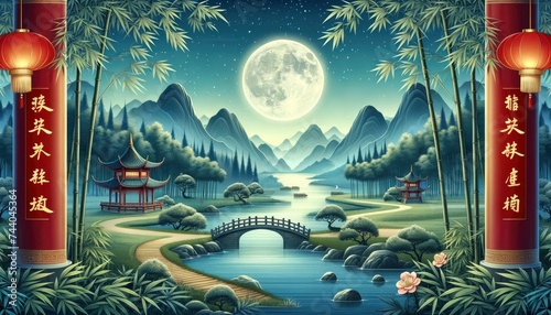 A serene landscape background depicting a river, bamboo groves, mountains, traditional pagodas, and footbridges, all set under a radiant moonlit sky. AI Generated