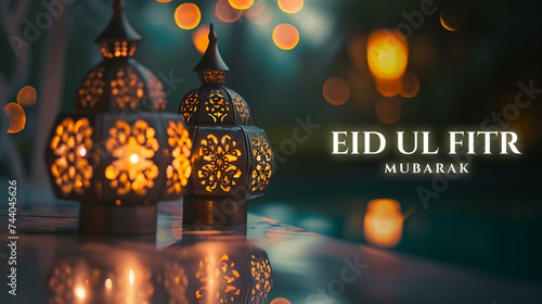 Happy Eid ul fitr background Ornamental Arabic lantern glowing - Eid Mubarak