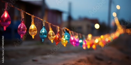 A string of vibrant lights hanging from a line outdoors.