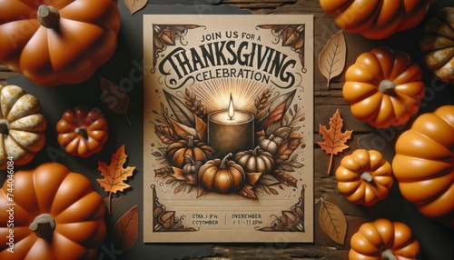A Thanksgiving invitation card. The main text invites guests to "Join Us for a Thanksgiving Celebration." AI Generative.