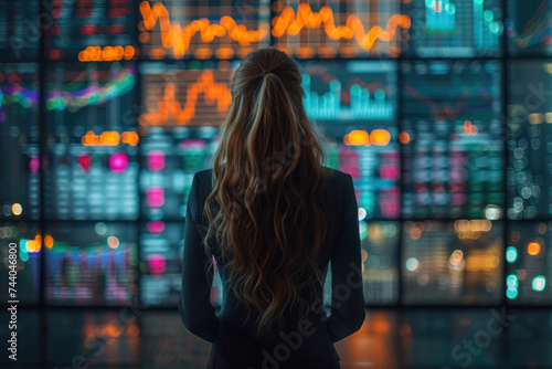 Caucasian woman trader in suit on the background of huge monitors with charts.