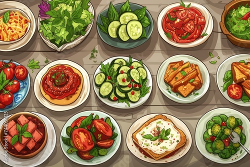 Playful cartoon of meals representing different dietary styles: vegetarian, vegan, Mediterranean, and more.