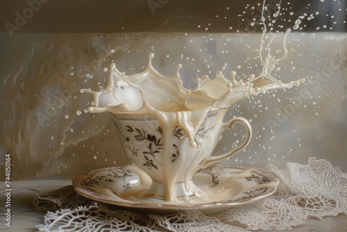 Porcelain teacup on a lace doily in mid overturn, cream pouring out and creating a perfect arc of splash.