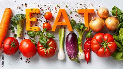 Eat typography design in colorful font on various vegetables background for cozy style decor