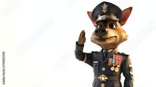 A cartoon dog wearing a military uniform and saluting. The dog is standing on a white background and is looking at the viewer.
