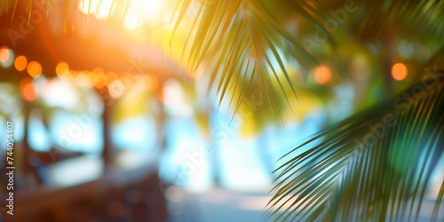  Tropical summer vacation blurred banner background with pool and palm leaves