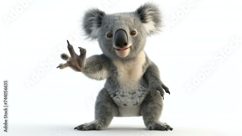 A cute and cuddly koala bear is standing on a white background. The koala has a friendly expression on its face and is looking at the viewer.