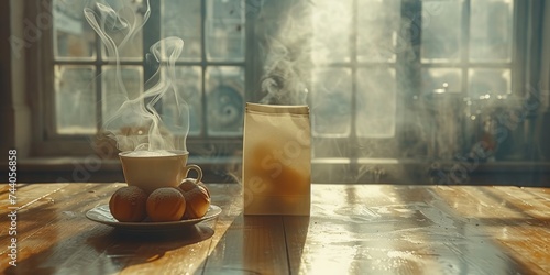 A refreshing morning awaits as a pitcher of juice and a steaming cup of drink sit on the table, framed by the window and shining through the transparent glass