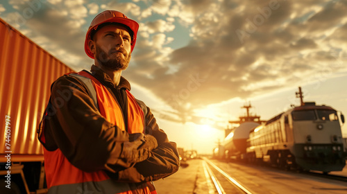 Determined Railway Worker at Dusk