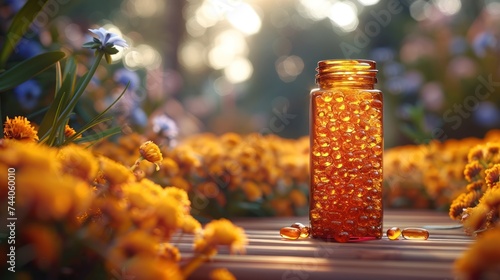  a jar filled with yellow liquid sitting on top of a wooden table next to a field of yellow flowers and blue and white flowers with yellow petals in the background.