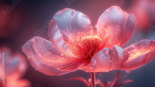  a close up of a pink flower with drops of water on it and a blue background with a pink flower in the middle of the picture and a pink flower in the middle of the middle.