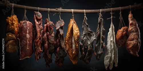 Traditional preparation of dried meat. Pieces of old meat on a wooden rack. Generative AI