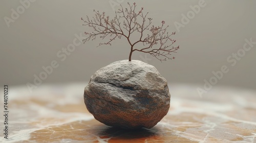  a rock with a small tree growing out of it on top of a marble table with a light colored wall in the backround of the room behind it.