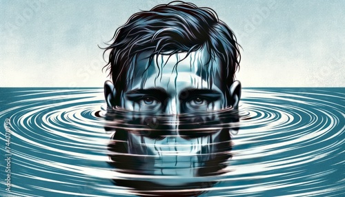 An illustration depicting a figure partially submerged in water, capturing the feeling of being overwhelmed and the weight of depression. AI Generative