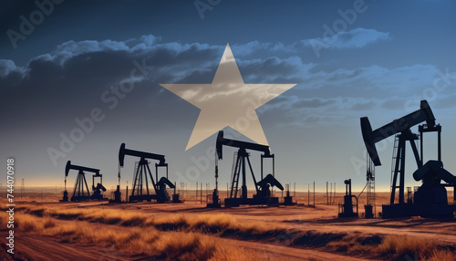 Oil production in the Somalia. Oil platform on the background of the Somalia flag. Somalia flag and oil rig. Somalia fuel market.