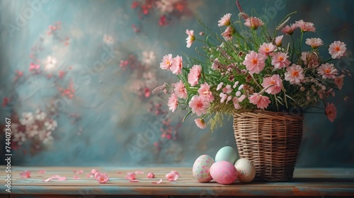  a basket filled with pink flowers sitting on top of a wooden table next to a vase filled with pink and white flowers on top of a wooden table next to a basket with pink flowers.