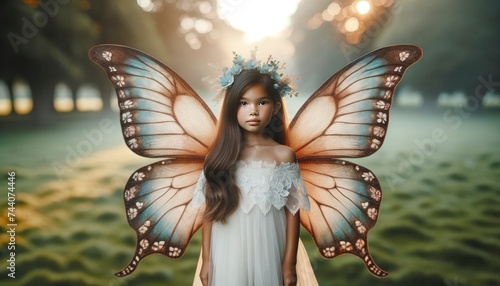 Photo of a young girl with diverse descent, standing gracefully with large, delicate butterfly wings emerging from her back, set against a dreamy outdoor background. AI Generative