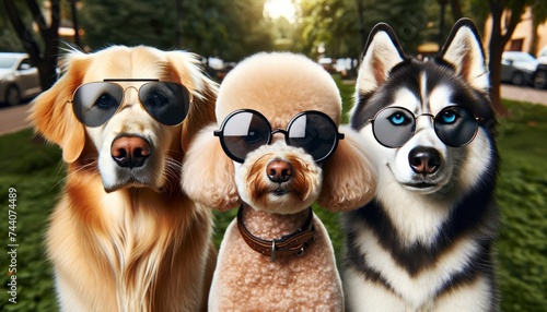A diverse group of dogs, each of different breeds, all donning stylish glasses. A golden retriever with aviator sunglasses, all posed confidently in a park setting. AI Generative