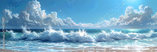 Ocean waves rhythmically lapping the shore inspire a sense of tranquility and inner calm inviting, blue sky and white clouds closeup with Plane Ocean