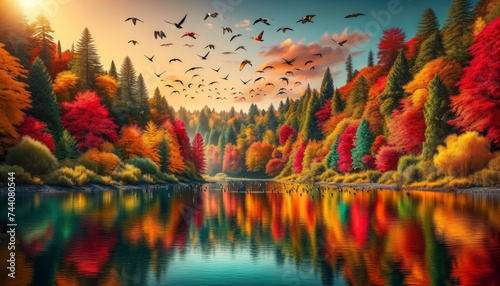 A scenic landscape during autumn, showcasing a forest with trees displaying a range of autumnal colors. A calm river reflects the brilliant hues, with birds flying overhead. AI Generative
