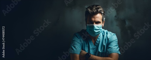 Exhausted healthcare worker in mask overwhelmed by stress and burnout. Concept Healthcare Workers, Stress Management, Burnout Prevention, Overcoming Challenges, Mental Health support