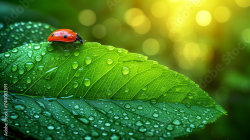 Glistening droplets of water adorn a vivid green leaf as a red ladybug ventures across its lush surface