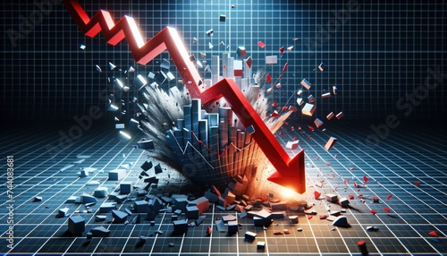 A 3D render of a financial chart that shatters into pieces as a bold red arrow crashes down. AI Generative
