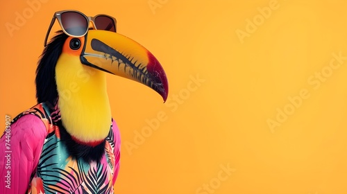 Creative animal concept. Toucan hornbill bird vibrant bright fashionable outfits isolated on solid background advertisement, copy text space. birthday party invite invitation banner