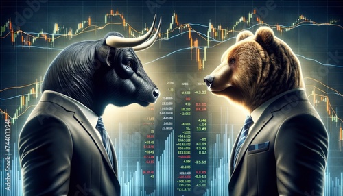 A bull and a bear in business suits, standing face to face with stock market graphs in the background. AI Generative