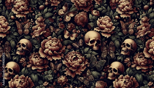 A photo presenting a rich, deep-colored design that blends skulls, butterflies, and peonies, creating a unique and slightly gothic aesthetic. AI Generated