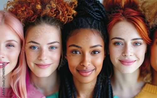A group of women with unique, vibrant hair colors stand together in a diverse display of individuality and expression