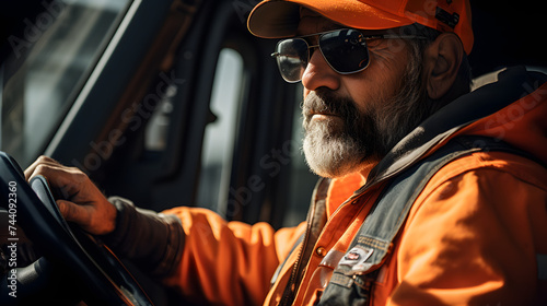 hardhatted man driving a truck with orange headwear 